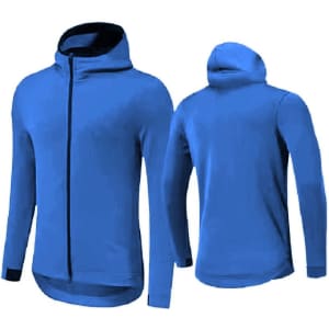 A blue hoodie with a zip front and a hood, featuring long sleeves and a sleek design. It has a logo on the front.