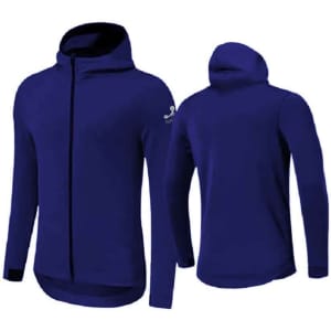 A navy blue hoodie with a zip front and high collar, featuring a logo on the sleeve.