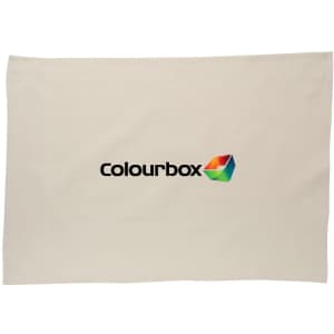 A cotton tea towel in cream colour featuring a logo at the centre.