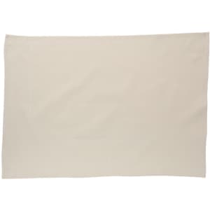 A cream cotton tea towel with a simple, plain design and an area featuring a logo.