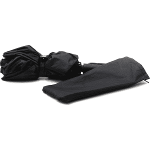 A foldable black umbrella with a matching sleeve, compact and ready for storage. Features a logo on the handle.