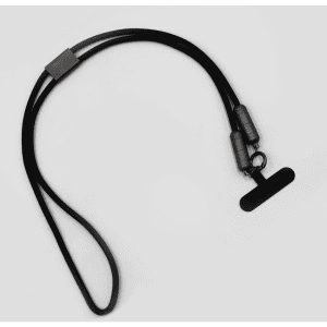 A black lanyard with data and charging connectors on each end. It includes a branding logo.