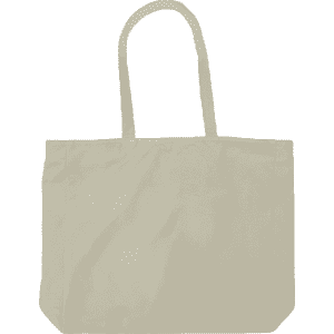 A large tote bag in a neutral beige colour, featuring two handles and a logo.