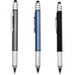 Three stylus pens in silver, blue, and black, featuring a textured grip and a branding logo on each pen.