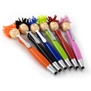 A set of colourful Mop Head Pens with stylus tips in various vibrant colours, each topped with a playful, fuzzy head.