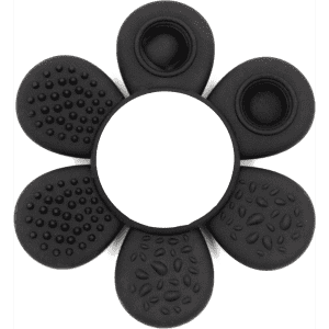 A black silicone product shaped like a flower with various textured petal designs and a central circular opening.