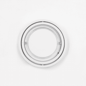 A transparent circular fidget spinner with two concentric rings. It features a smooth surface and a central spinning axis.