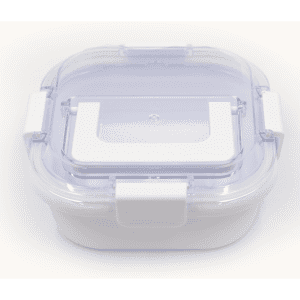 A white and clear lunch box with a secure lid and clip fasteners, designed for food storage.
