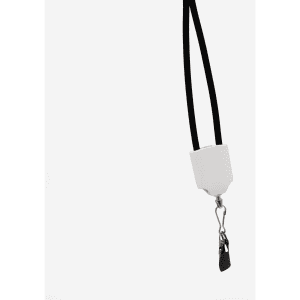A black charging lanyard with a white attachment, featuring a clip for securing items.