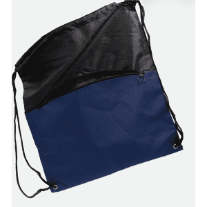 A drawstring bag in black and navy blue, featuring a zippered front pocket and two drawstrings.