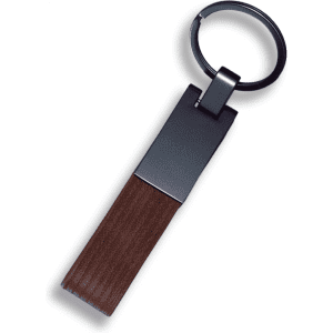 A brown PU strap keyring with a metallic attachment and circular keyring.