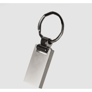 A silver keychain with a rectangular pendant and a circular ring, featuring a simple, sleek design.