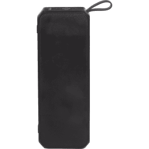 A black portable speaker with a rectangular design and a carry strap on top. It features a logo on the side.