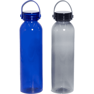 A drink bottle featuring a blue and a clear variant, both with a screw top and a carry handle.