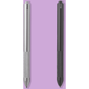 A metal pen set featuring a silver pen and a black pen with textured grips. Both pens have a branding logo.