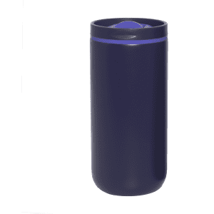 A drink bottle with a dark navy body and a purple silicone lid, featuring a logo on the surface.