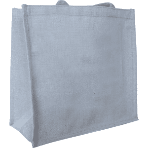 A grey jute tote bag featuring sturdy handles and a simple design, with a visible logo on the side.