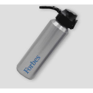 A drink bottle with a silver finish and a black spout, featuring a logo in blue.