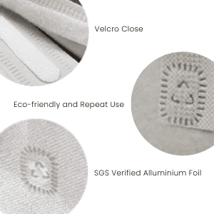 A close-up of a light grey fabric featuring Velcro closure, eco-friendly materials, and an aluminium foil pattern with a logo.