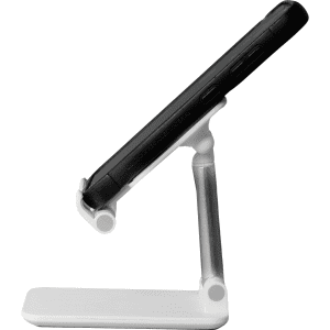 A folding desktop mobile phone and tablet stand in white and grey, featuring a sleek, adjustable design for various devices.