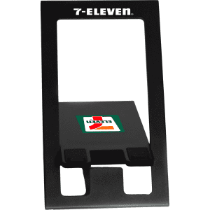 A black foldable phone stand featuring a logo, designed for holding mobile devices securely.