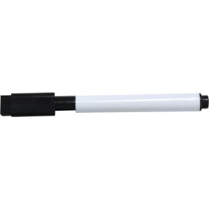 A whiteboard marker with a black cap and nib, featuring a white barrel. It has a logo on the barrel.