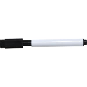 A whiteboard marker with a black cap and a white barrel, featuring a logo on its surface.