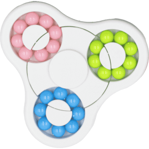 A colourful puzzle game featuring pink, blue, green, and yellow beads arranged in a circular design with a central section.