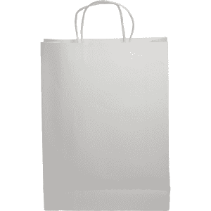A plain white paper bag with handles and a flat base, featuring a simple design and an included logo.