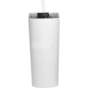 A drink bottle with a sleek white exterior and a black lid featuring a straw, showcasing a modern design.
