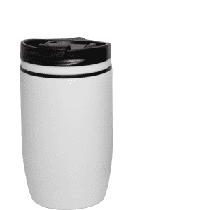 A drink bottle featuring a white body with a black lid, designed as a vacuum cup for temperature retention.
