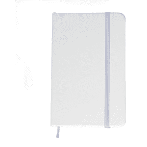A white Minichroma A6 notebook with a textured cover and an elastic band closure. It features a ribbon marker.
