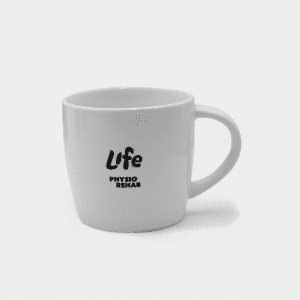 A white ceramic mug with a handle and a logo printed on the side.