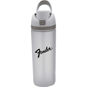 A drink bottle in silver with a grey lid and a carry handle, featuring a logo on the front.