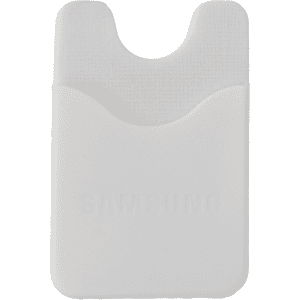 A sleek white phone wallet with a pocket designed for cards; features a brand logo on the front.