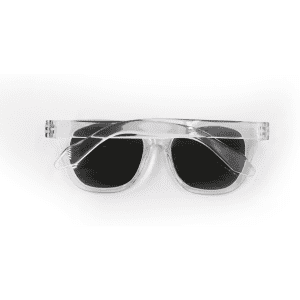 Clear polarised sunglasses with dark lenses and a modern design, featuring a logo on the frame.
