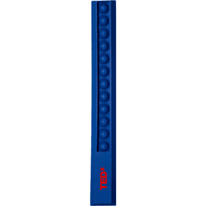 A blue popper ruler featuring a series of poppers along its length, with a logo visible on the side.