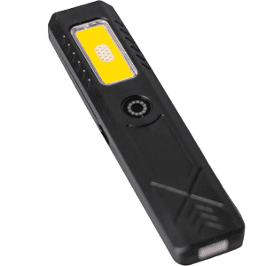 A rechargeable work light in black with a yellow LED panel, designed for practicality and portability.