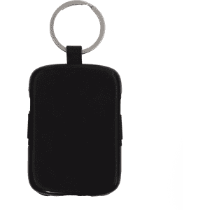 A black keychain power bank with a silver ring, featuring a smooth finish and compact design.