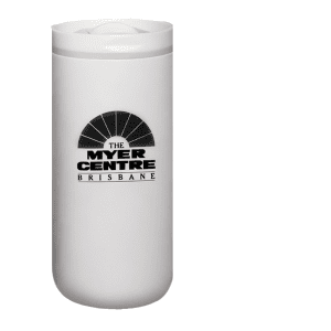 A drink bottle in white with a black logo, featuring a sleek vacuum design. Ideal for keeping beverages at temperature.