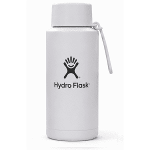 A drink bottle in white with a logo, featuring a screw-top lid and a carrying strap.