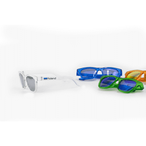 A pair of white sunglasses and three additional pairs in blue, green, and orange, each with blue lenses.
