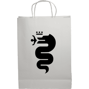 A white paper bag featuring a black logo with a serpent design and two crowns, complete with sturdy handles.