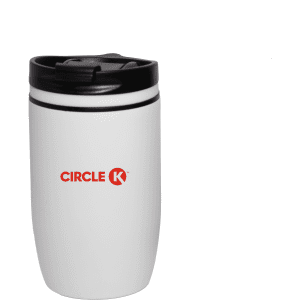 A drink bottle in white with a black lid and a logo on the front.