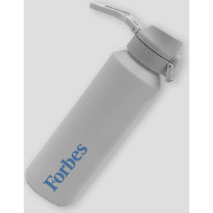 A drink bottle in grey with a grey lid and a spout, featuring a logo in blue.