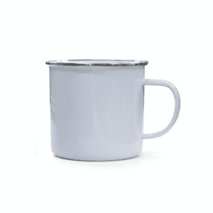 A drink bottle in white with a silver rim and a sturdy handle, featuring a logo.