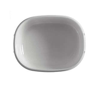A white lunch box with a smooth interior and rounded edges. It has a logo on the side.