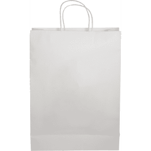 A white paper shopping bag with two handles and a plain exterior, featuring a branding logo.