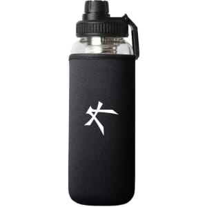 A drink bottle with a transparent body, black neoprene sleeve, and a black lid, featuring a logo.