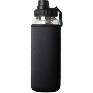 A drink bottle with a transparent body, black neoprene sleeve, and a black screw-on lid. Features a logo.